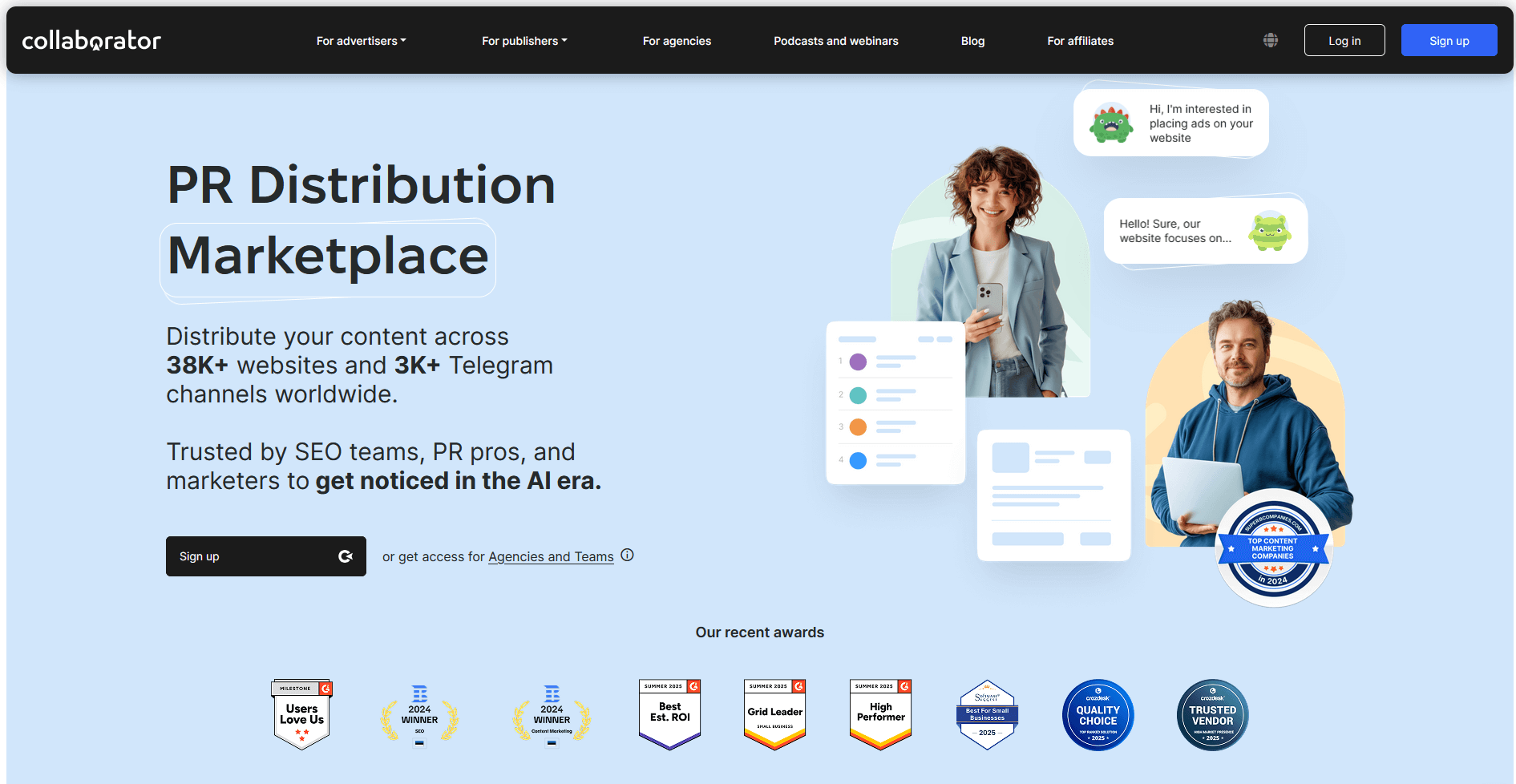Homepage of the Collaborator PR Distribution Marketplace, a leading platform for guest posting services to distribute content globally.