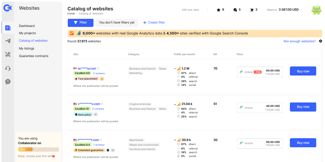 A screenshot of the Collaborator platform's website catalog, detailing sites with traffic and DR metrics.