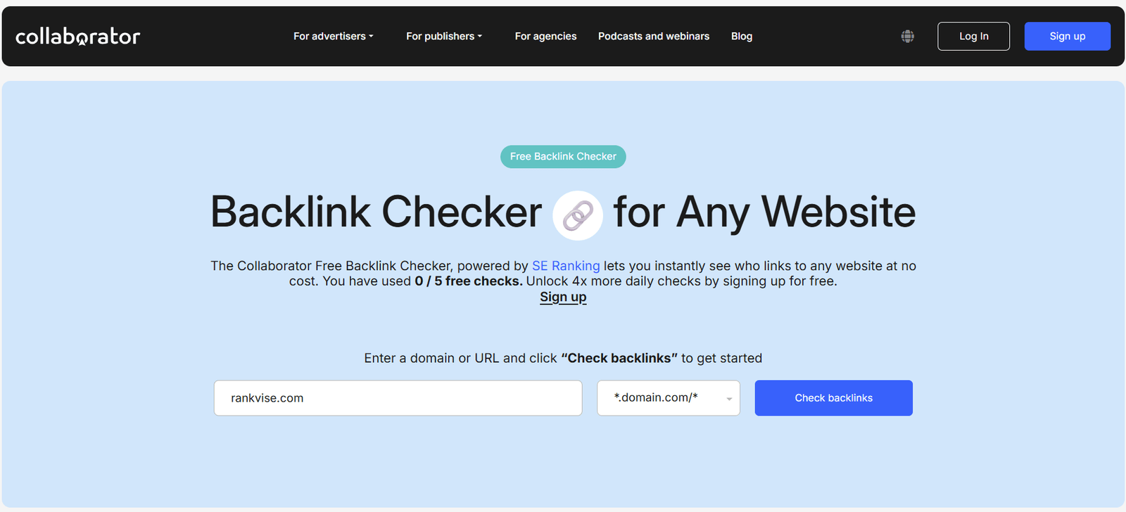 Collaborator Free Backlink Checker tool with a domain entered to check backlinks for any website. Collaborator backlink checker results showing referring domains available on the marketplace with DR, audience, and price