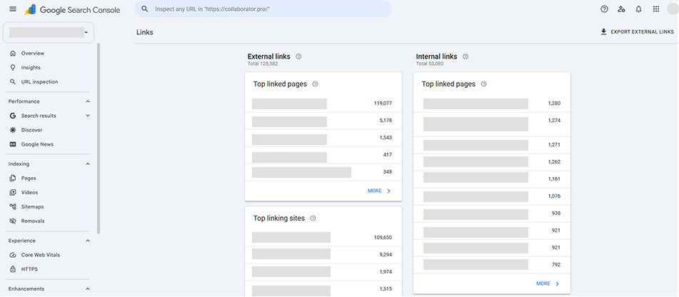 Google Search Console Links report showing external links, top linked pages, and top linking sites for a website