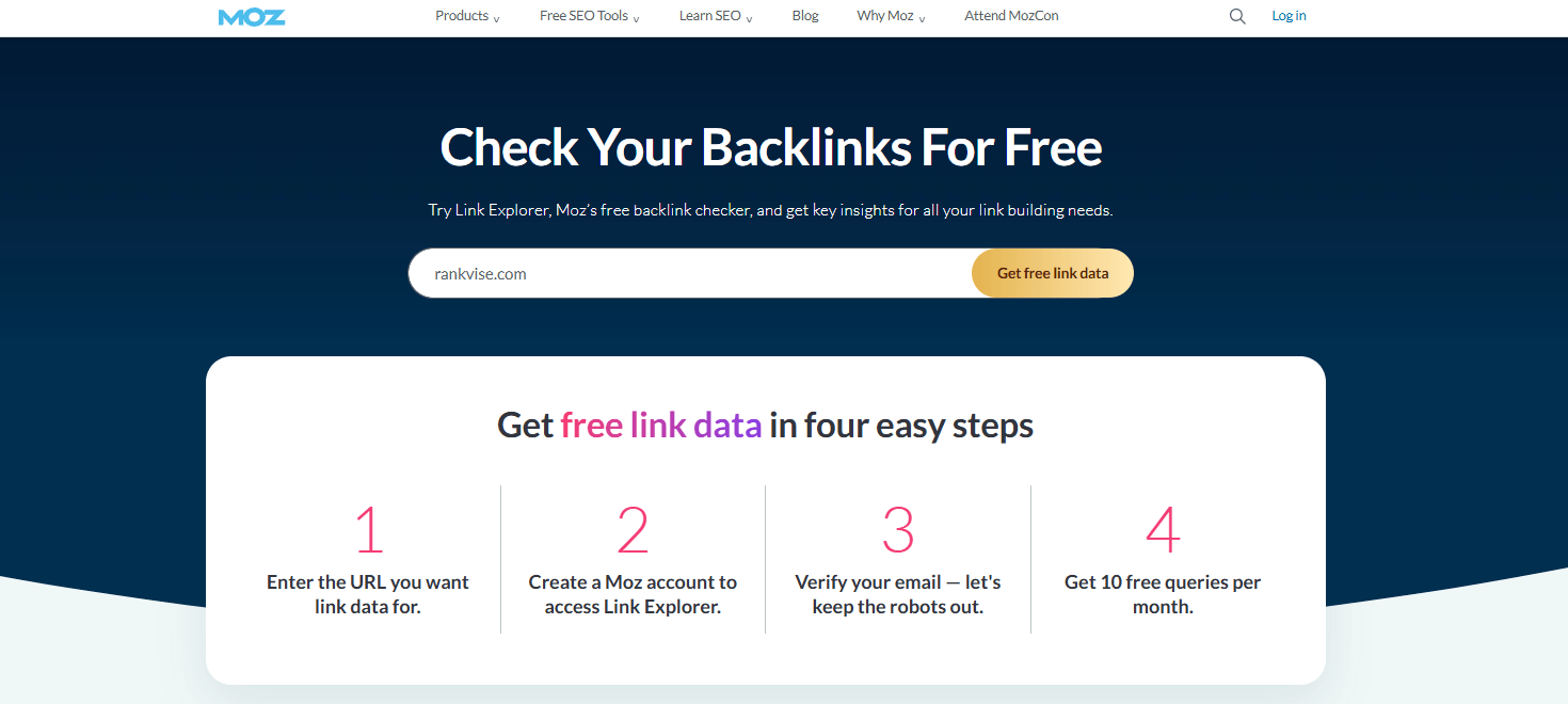Moz Link Explorer free backlink checker landing page explaining how to get free link data in four steps. Moz Link Explorer overview showing Domain Authority, linking domains, inbound links, and ranking keywords for a domain.
