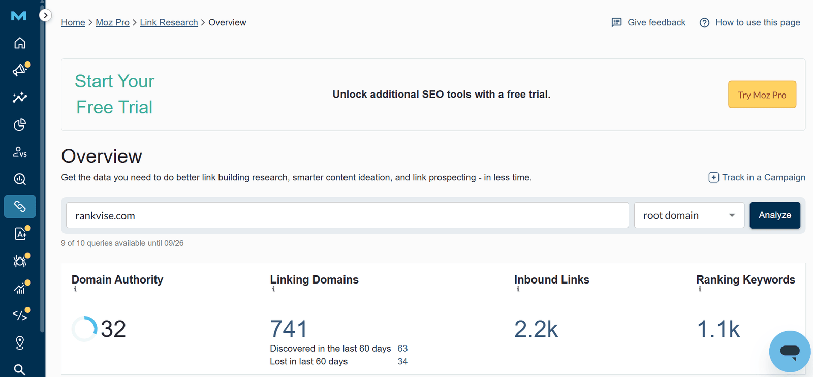 Moz Link Explorer free backlink checker landing page explaining how to get free link data in four steps. Moz Link Explorer overview showing Domain Authority, linking domains, inbound links, and ranking keywords for a domain.